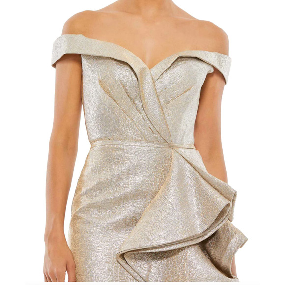 Mac Duggal METALLIC‎ OFF SHOULDER SIDE RUFFLE MINI DRESS, Oyster, Size 0, #68325 - Picture 8 of 8